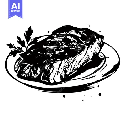 Aset desain premium: A Black and White Illustration of a Grilled Steak on a Plate with Pars