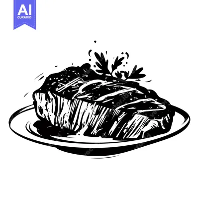 Black and White Illustration of a Grilled Steak on a Plate