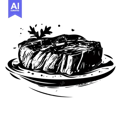 Premium design asset: A Black and White Illustration of a Grilled Steak on a Plate