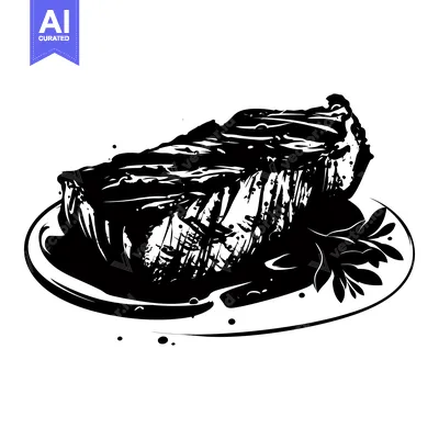 A Black and White Illustration of a Grilled Steak on a Plate with Sauc
