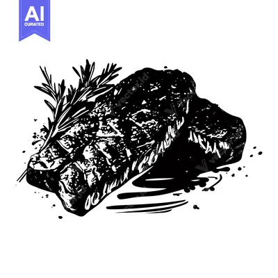 Aset desain premium: Black and White Illustration of Two Grilled Steaks with Rosemary