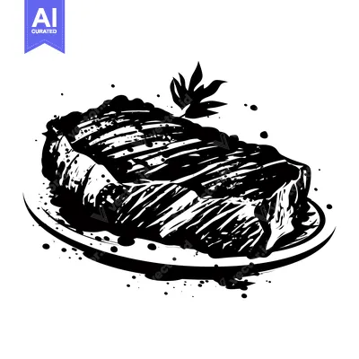 Aset desain premium: A Grilled Steak on a Plate with Black Ink Splatters