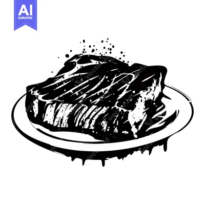 Aset desain premium: Black and White Illustration of a Grilled Steak on a Plate