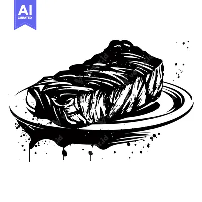 Aset desain premium: Black and White Illustration of a Grilled Steak on a Plate with Ink Sp