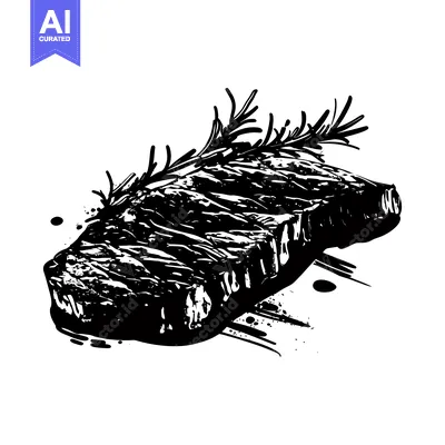 Premium design asset: Black and White Illustration of a Grilled Steak with Rosemary