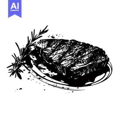 Aset desain premium: Black and White Illustration of a Grilled Steak with Rosemary