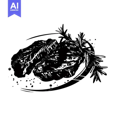 Aset desain premium: Two Grilled Steaks with Rosemary Sprig and Splashes