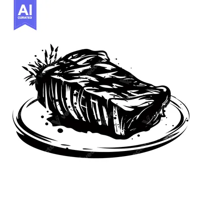 Aset desain premium: A Black and White Illustration of a Steak on a Plate
