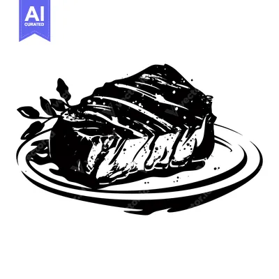 Premium design asset: Black and White Illustration of a Grilled Steak on a Plate