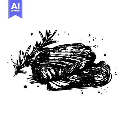 Premium design asset: Hand-Drawn Black and White Illustration of a Grilled Steak with Rosema