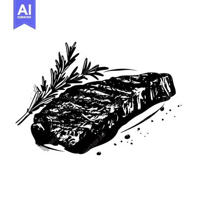 A Black and White Illustration of a Steak with Rosemary and Pepper