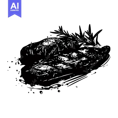 Black and White Illustration of Grilled Meat with Rosemary