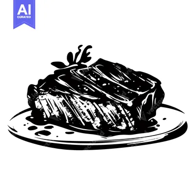 Premium design asset: Black and White Sketch of a Grilled Steak on a Plate