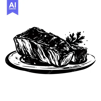 Popular premium asset: A Black and White Illustration of a Seared Steak on a Plate with a Gar