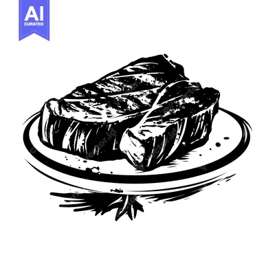 Aset desain premium: Two Grilled Steaks on a Plate with Black Ink Illustration Style