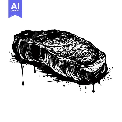 Black and White Illustration of a Grilled Steak with Dripping Juices
