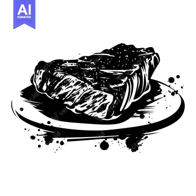 Aset premium populer: A Black and White Silhouette of a Steak on a Plate with Ink Splatter