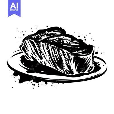 Black and White Illustration of a Grilled Steak on a Plate with Ink Sp