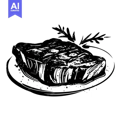 A Black and White Illustration of a Grilled Steak with Rosemary on a P