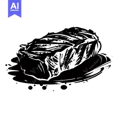 Aset desain premium: Grilled Steak with Black Ink Splashes and Drips