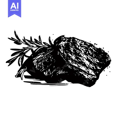 Black and White Illustration of a Steak with Rosemary Sprig