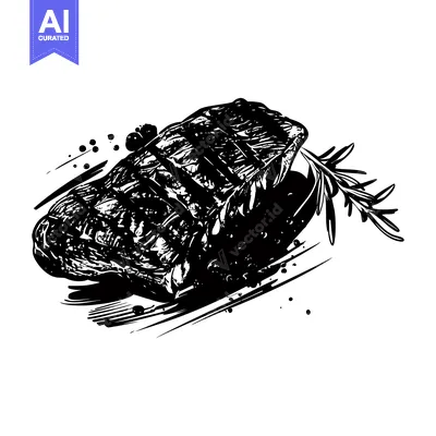 Black and White Illustration of a Grilled Steak with Rosemary