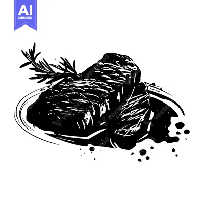 Black and White Illustration of a Grilled Steak with Rosemary and Spla