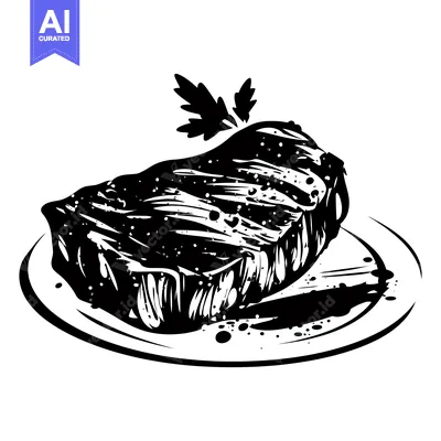 A Black and White Illustration of a Grilled Steak on a Plate