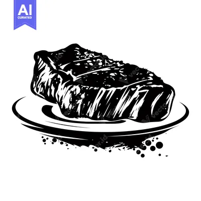 Aset premium populer: A black and white illustration of a steak on a plate