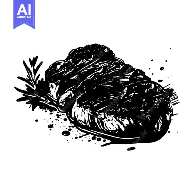 Black and White Illustration of a Grilled Steak with Rosemary