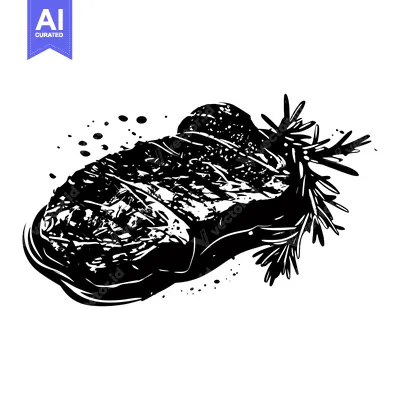 Premium design asset: Grilled Steak with Rosemary and Splashes of Black Ink