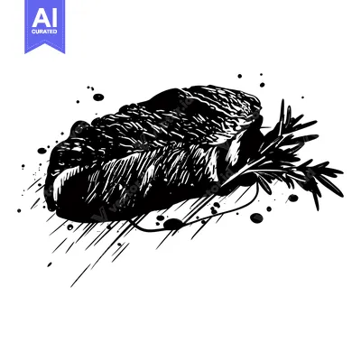 Black and White Illustration of a Steak with Rosemary Garnish