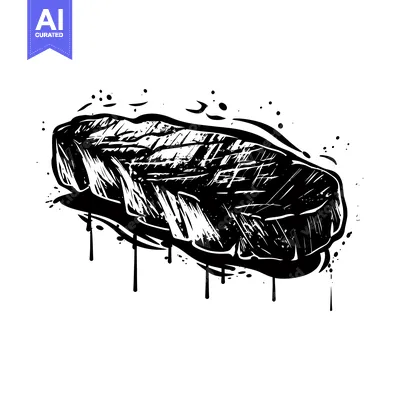 A black and white illustration of a grilled steak with splattered pain