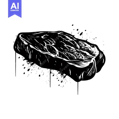 Aset desain premium: Black and White Illustration of a Beef Steak with Splashes of Ink