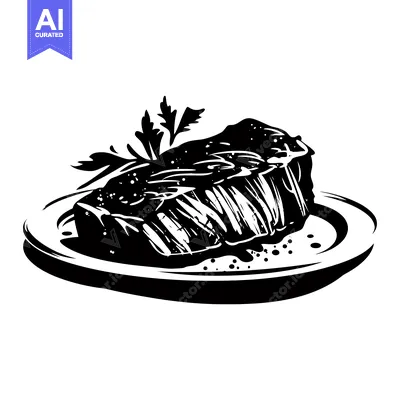 Popular premium asset: A Black and White Illustration of a Grilled Steak on a Plate with Pars