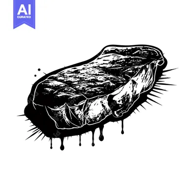 Black and white illustration of a single steak with dripping juices an