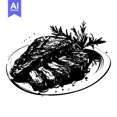 Black and White Illustration of a Steak on a Plate with Herbs