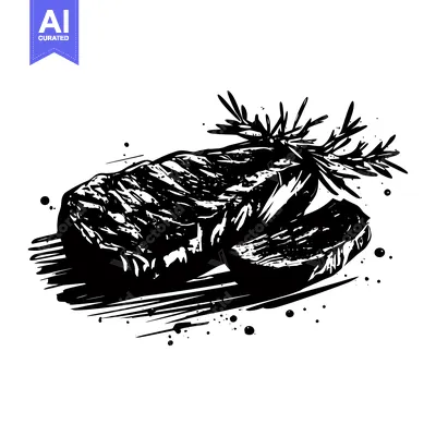Aset desain premium: Black and White Illustration of a Grilled Steak with Rosemary
