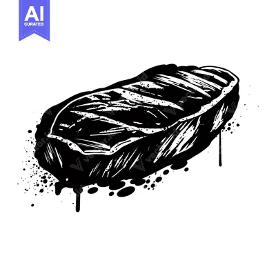 Aset desain premium: Black and White Illustration of a Grilled Steak with Dripping Paint Sp