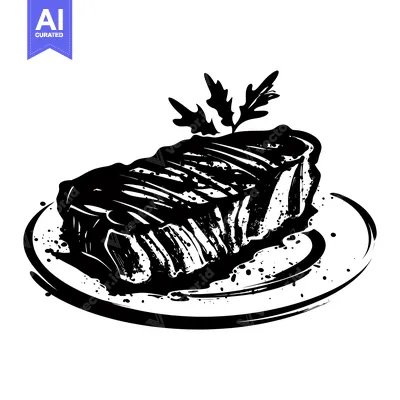 Hand-Drawn Illustration of a Grilled Steak with Herbs on a Plate