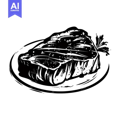 Black and White Illustration of a Grilled Steak on a Plate