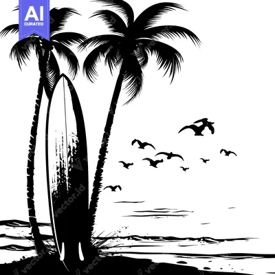 Aset premium populer: Palm Trees, Surfboard, and Birds on a Beach