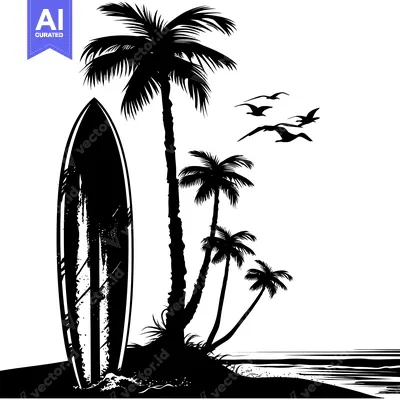 Premium design asset: Silhouette of a surfboard and palm trees on the beach