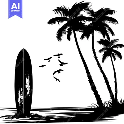 Popular premium asset: Black and White Silhouette of a Surfboard by Palm Trees