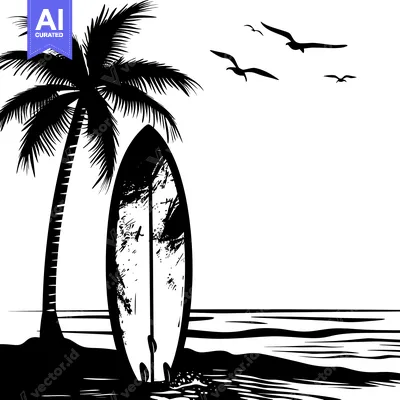 Aset desain premium: A surfboard leans against a palm tree on a beach with seagulls flying
