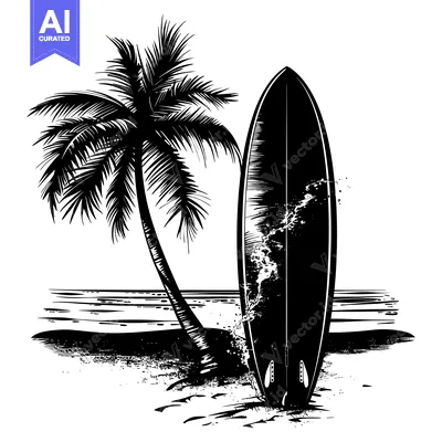 Aset desain premium: Black and White Illustration of a Surfboard on a Beach with a Palm Tre