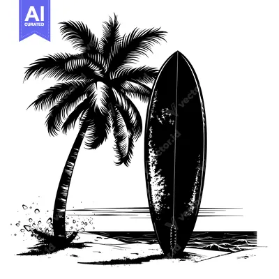Aset desain premium: Palm Tree and Surfboard on a Beach