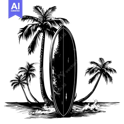 Aset desain premium: A Surfboard Standing Upright in the Ocean With Palm Trees in the Backg