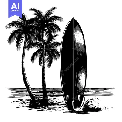 Aset premium populer: Black and White Illustration of a Surfboard on a Beach with Palm Trees