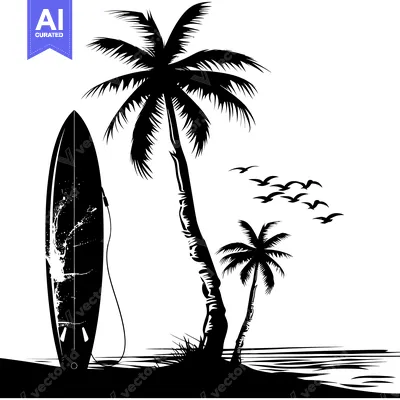 Aset premium populer: Surfboard Leaning Against Palm Trees on a Beach